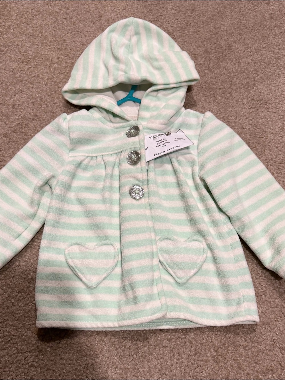 Carter's Mint and White Striped Hooded Jacket with Heart Pockets